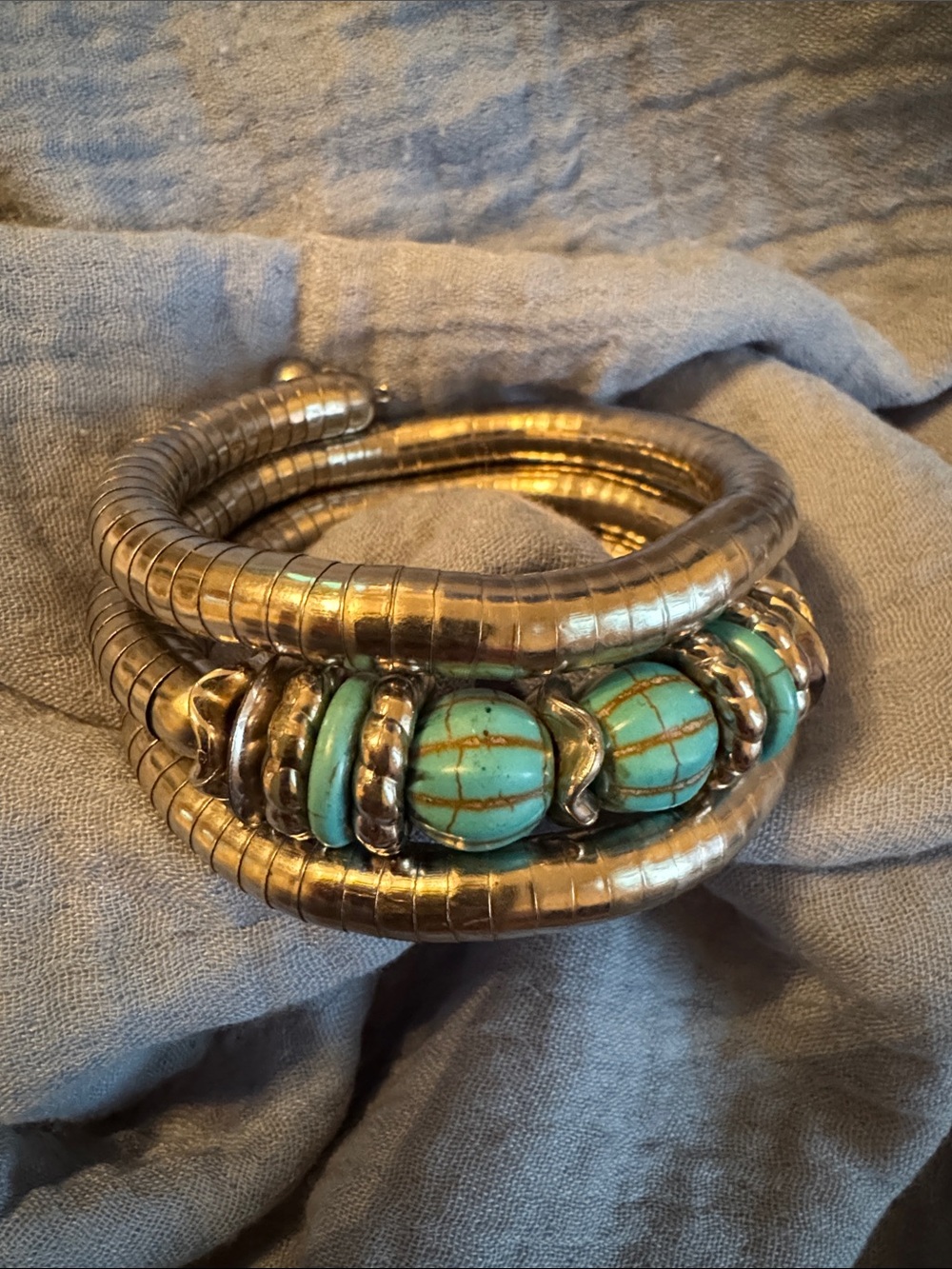 Turquoise Bead Coil Bracelet with Antique Silver Finish